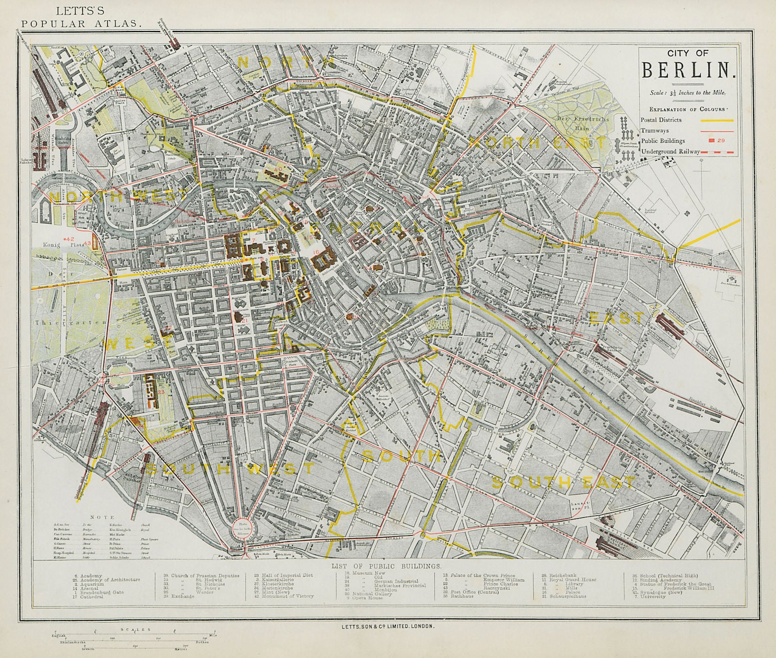 BERLIN antique town city map plan. Tramways U-Bahn Postal districts LETTS 1884